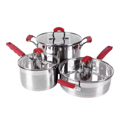 Redberry, 4 pcs set stainless steel Pots With Lid,Non-Slip grip,Red Ergonomic handle,Clear Lid,Stew Pans,Pots Cookware