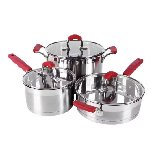 Redberry 4 Piece Stainless Steel Pot Set with Lids | Non Slip Red Ergonomic Handles & Clear Lids | Versatile Cookware