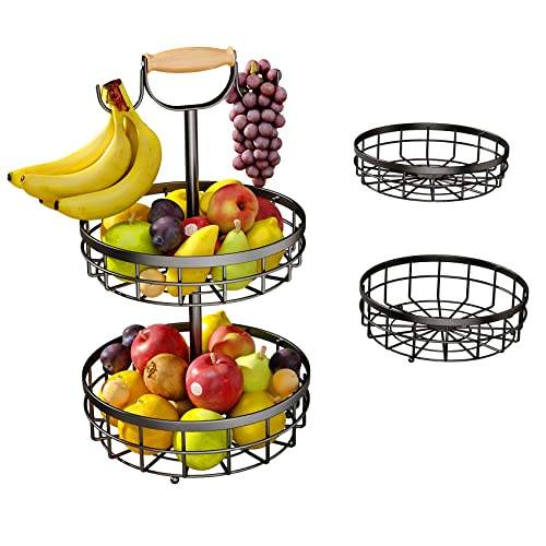 2 Tier Detachable Nordic Fruit Vegetable Rack with Banana Holder | 2 Tier Bowl Vegetable Storage with Dual Banana Tree Hanger Wood Lift Handle Fruit Basket for Kitchen Countertop