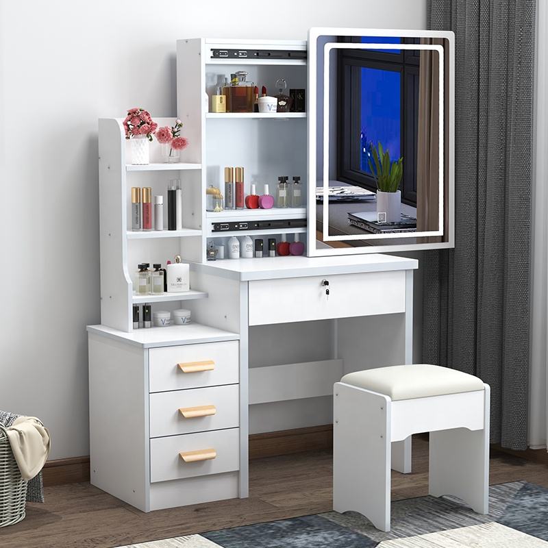 Wooden Dressing Table with Mirror, Stool & 4 Drawers | Makeup Storage Dresser with 3 Open Shelves for Bedroom | Size: 840mm x 400mm x 1410mm