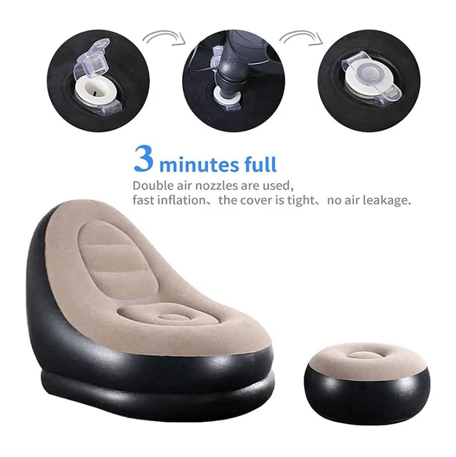 New Design Colorful Inflatable Lazy Sofa with Footrest | Outdoor Flocked Inflatable Chair & Ottoman Set with Pump | Portable Office Leisure Nap Sofa