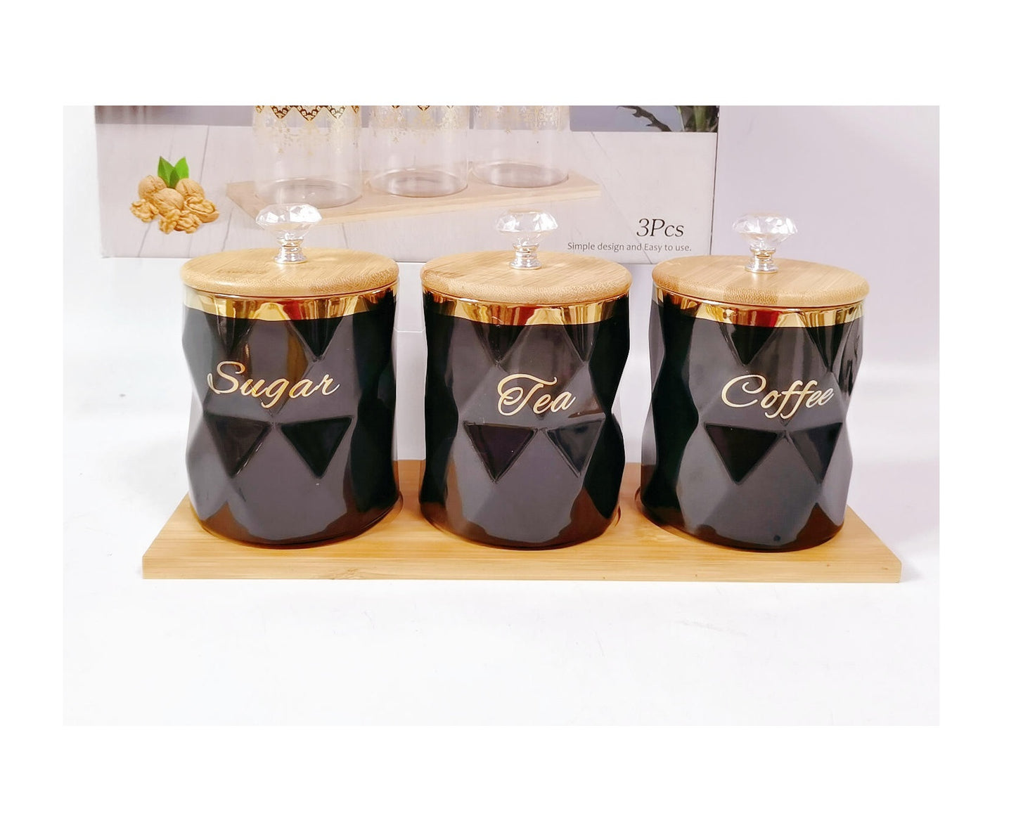 3pc Diamond Shaped Tea, Coffee, Sugar Canister Set | Black Ceramic Canisters with Bamboo Lids