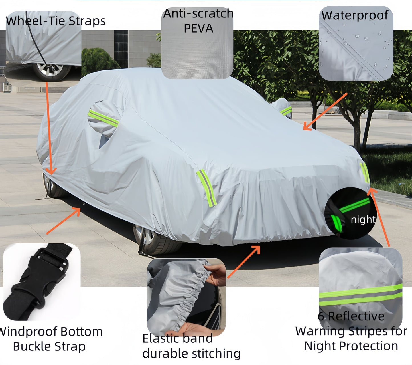 High Quality Universal Grey Car Cover with Fleece Lining & Side Reflectors | Waterproof, Scratch & Heat Resistant | Size L: Fits Vitz, Passo, Demio | 4.7m x 1.8m x 1.5m