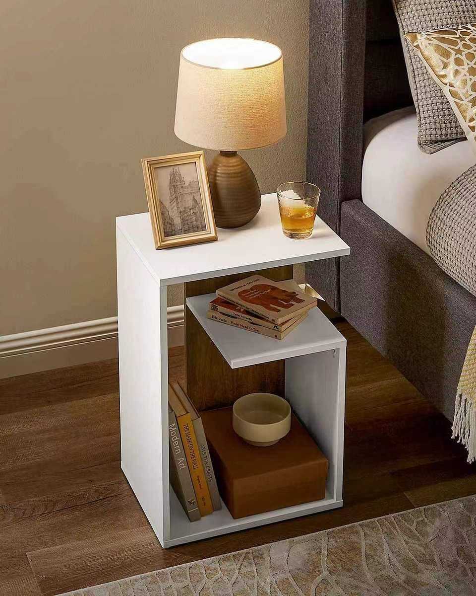 Multifunctional S Shaped Wooden White Side Table | 2 Open Storage Compartments | Unique & Stylish Design | 40x30x60H