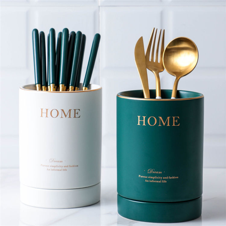 Elegant Ceramic Cutlery Kitchen Multipurpose Holder with Draining Tray | Various Colors