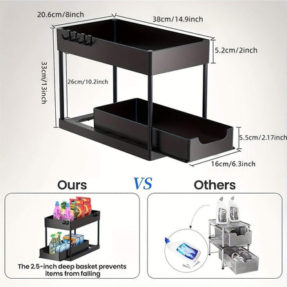 Multipurpose Stainless Steel Double Sliding Under Sink Organizer | 2 Tier Pull-Out Storage Rack for Kitchen & Bathroom | Plastic Layered Cabinet Organizer