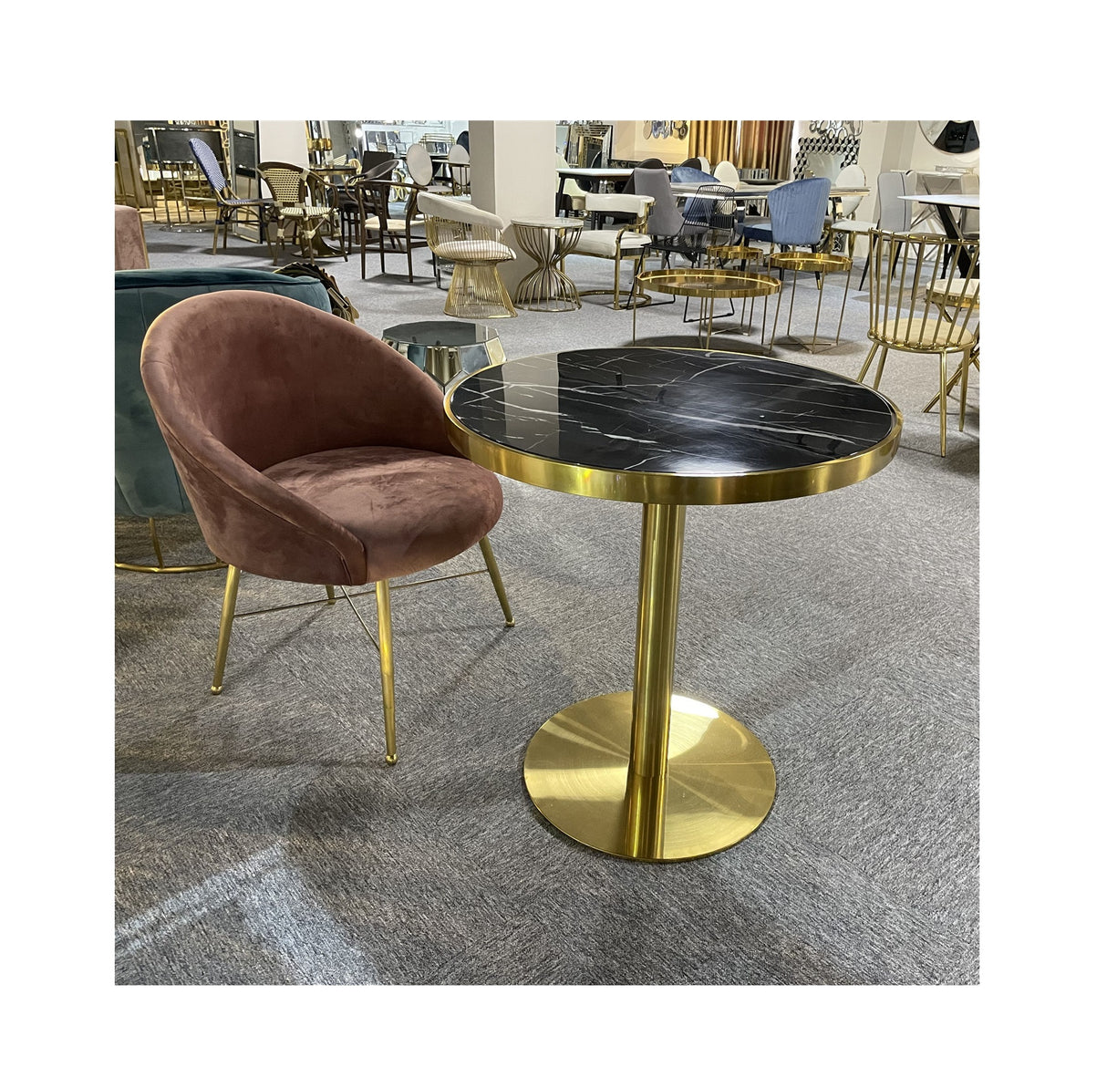 Bistro Hotel Restaurant Dining Coffee Table | Gold Stainless Steel & Black Marble Top Round Table