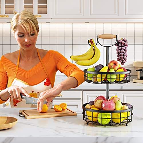 2 Tier Detachable Nordic Fruit & Vegetable Rack with Dual Banana Holder | Carbon Steel & Wood Handle