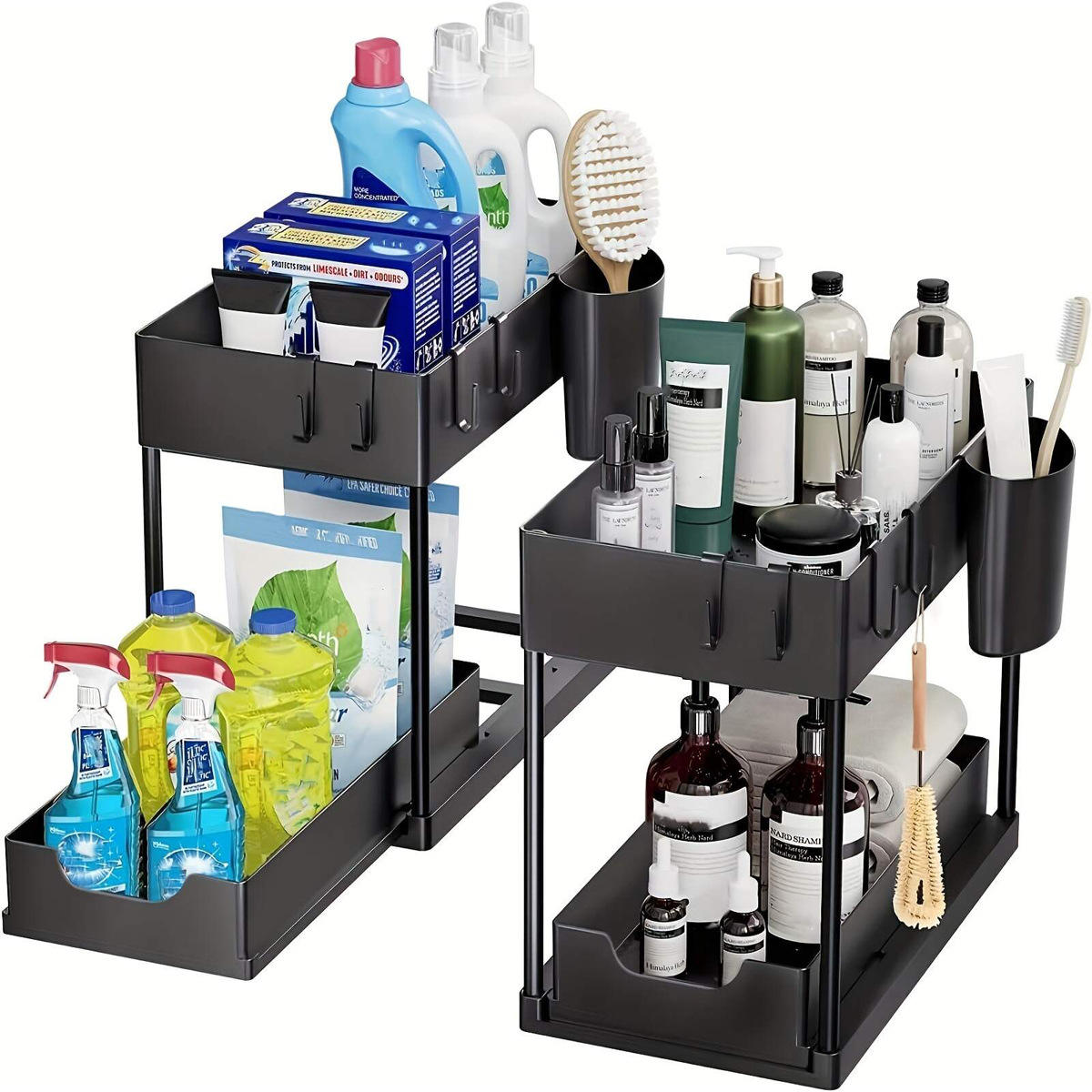 Multipurpose Stainless Steel Double Sliding Under Sink Organizer | 2 Tier Pull-Out Storage Rack for Kitchen & Bathroom | Plastic Layered Cabinet Organizer