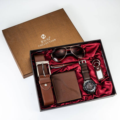 6in1 Jesou Men's Gift Set | Watch, Belt, Wallet, Glasses, Keyholder & Pen | Elegant Brown Accessories