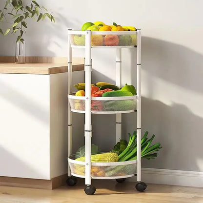 3 Tier Metallic Multipurpose Rotatable Vegetable & Fruit Rack | Foldable & Movable with Wheels | Black, White Finishes