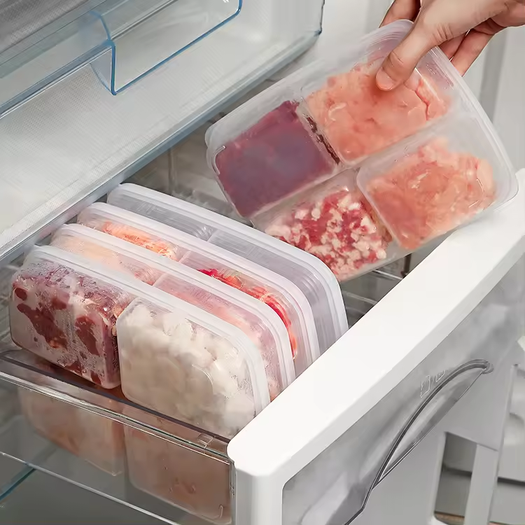 Compartment Fridge Containers | 4 Grid Side Food & Meat Organizer for Refrigerator | Clear Microwavable Storage Box for Kitchen Fridge & Freezer