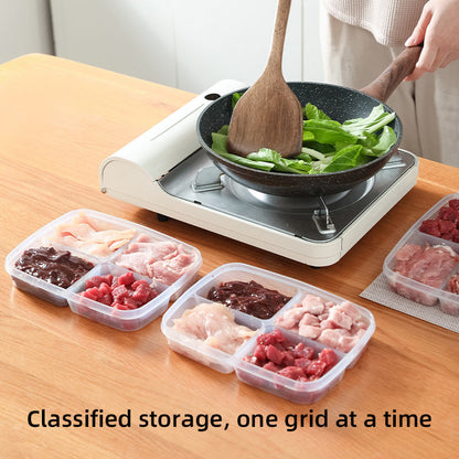 Compartment Fridge Containers | 4 Grid Side Food & Meat Organizer for Refrigerator | Clear Microwavable Storage Box for Kitchen Fridge & Freezer