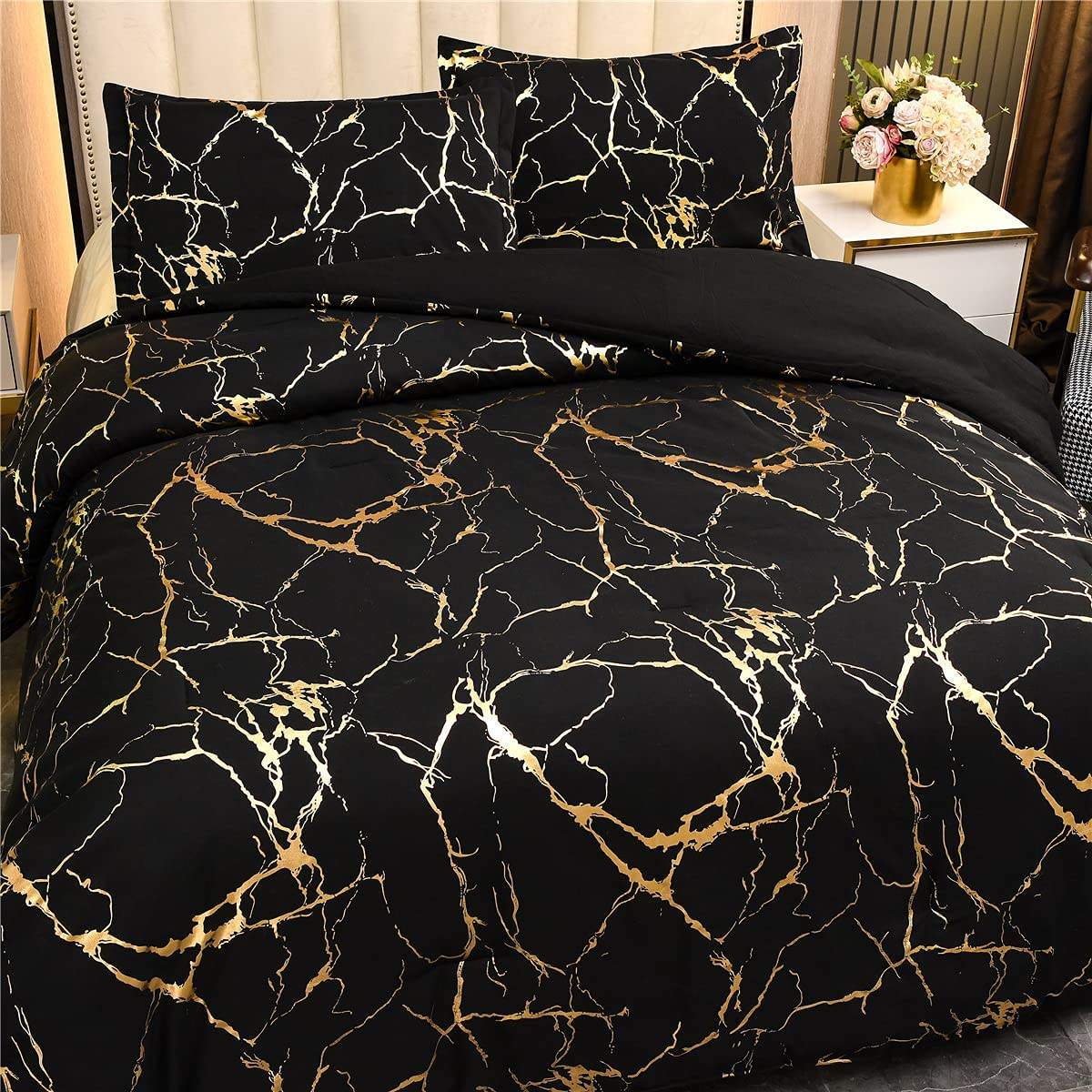 Marble Printed 3 Piece Luxury Microfiber Down Comforter Quilt Cover Set | Zipper Closure Duvet Cover & 2 Pillowcases | Premium Cotton | Gold Marble Texture | Black and Green