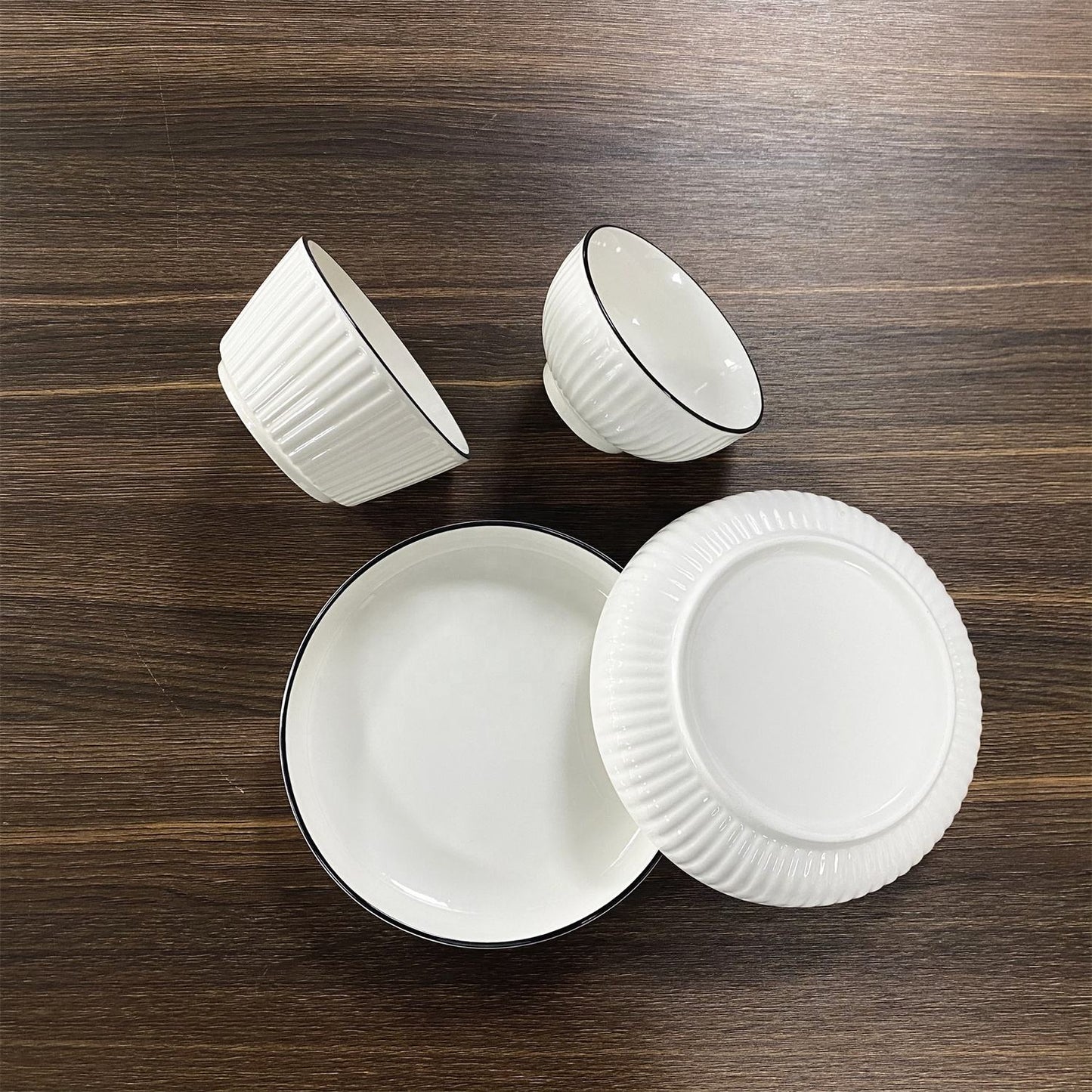 High Quality White Ceramic Embossed 18 pcs Japanese Dinner Set | Includes 6 Plates, 6 Cups, and 6 Bowls