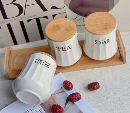 3pc White Ceramic Tea, Coffee, Sugar Canister Set with Bamboo Lids & Tray | 500ml Food Grade Storage Canisters