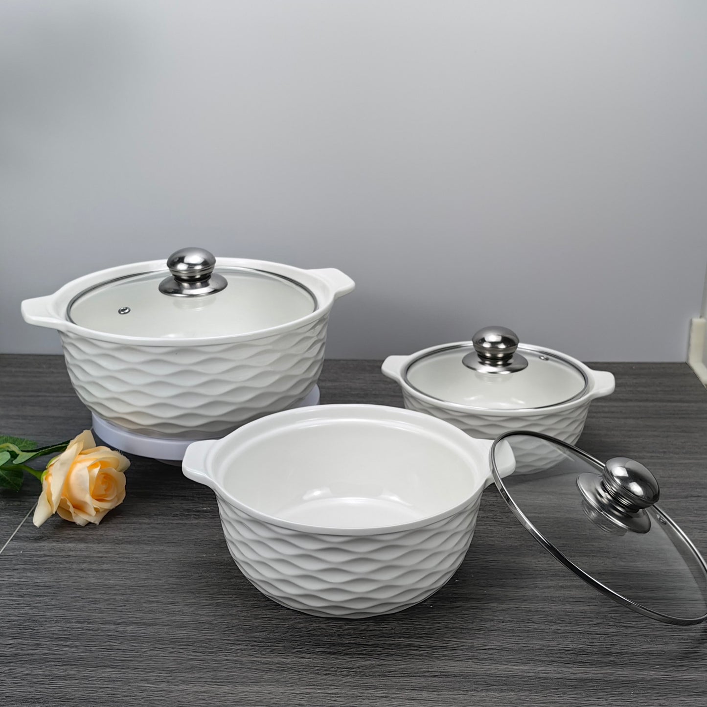 3 Piece White Ceramic Casserole Serving Dishes Set with Tempered Glass Lid Covers | Versatile Cookware Soup Pot and Bowl Set