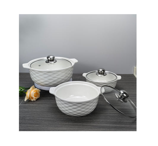 3 Piece White Ceramic Casserole Serving Dishes Set with Tempered Glass Lid Covers | Versatile Cookware Soup Pot and Bowl Set