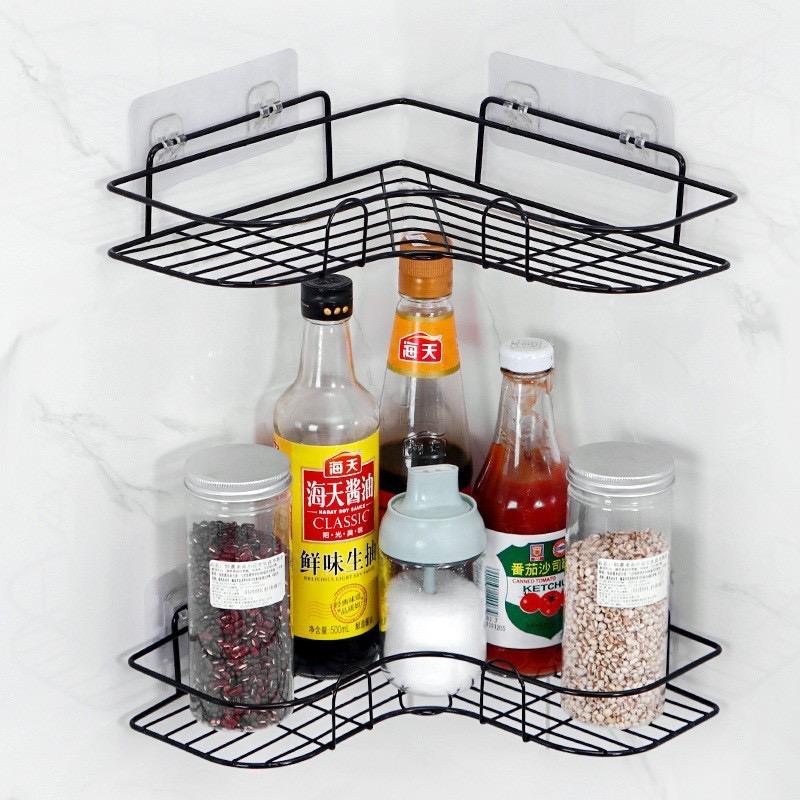 Metallic Corner Triangular Bathroom/Kitchen Organizer | Space Saving Storage with Double Hook Adhesive Stickers | Available in White & Black