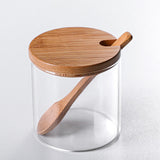 3 Piece Glass Spice Organizer Set with Bamboo Lids | With Rectangular Wooden Tray & Spoons