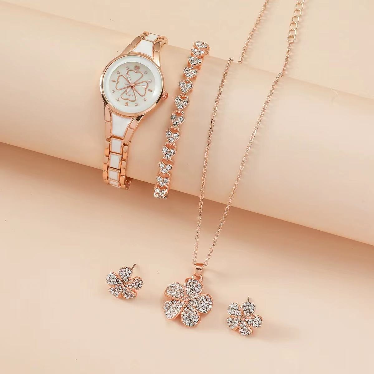 Luxury Ladies 5 Piece Jewelry Gift Set | Watch, Necklace, Bracelet, Earrings & Ring | Elegant in Gold & Silver