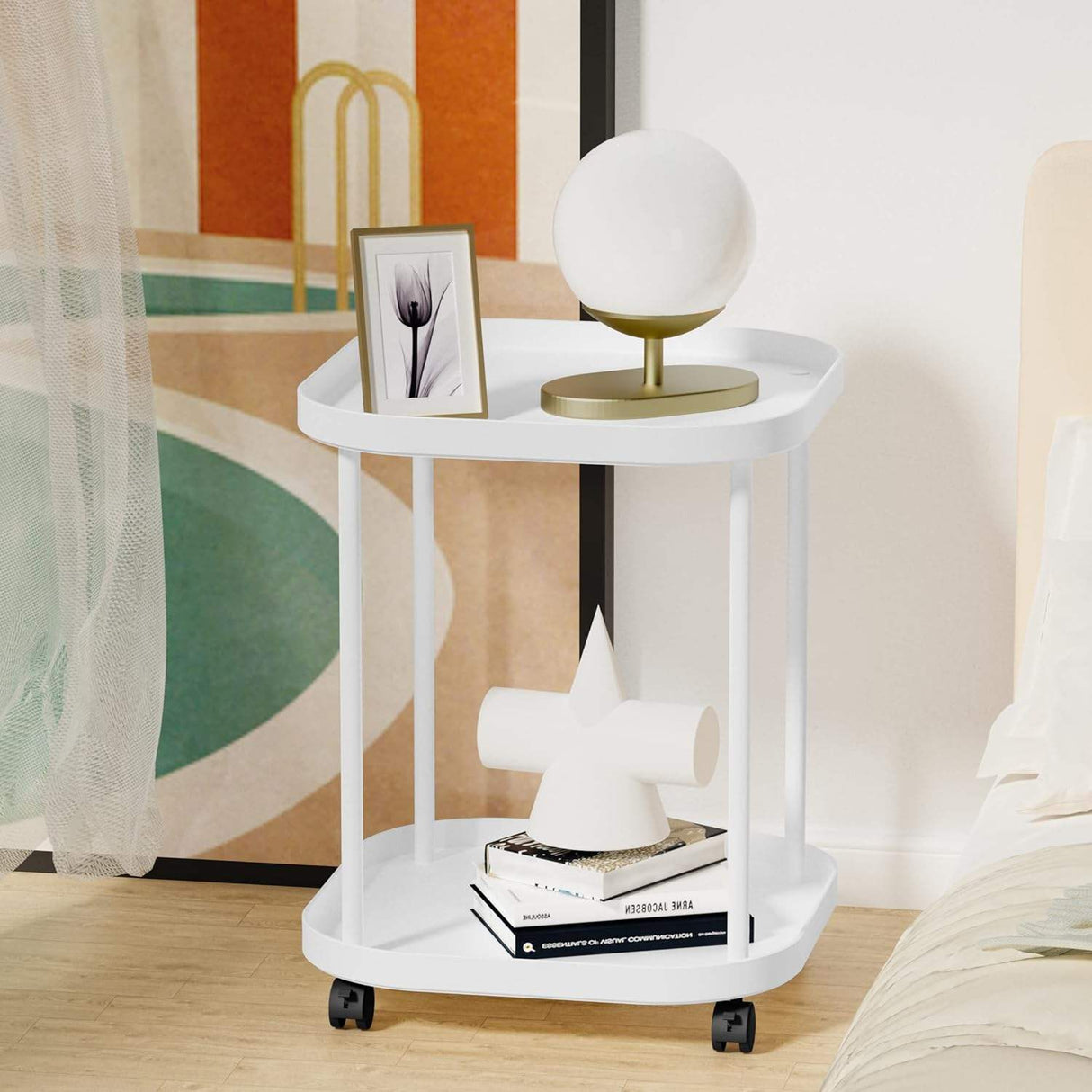 Double Layer Stools with Wheels | Plastic Storage Rack & Movable Coffee Table | MultiPurpose Bedside, Living Room, Sofa Table | Nordic Modern Design