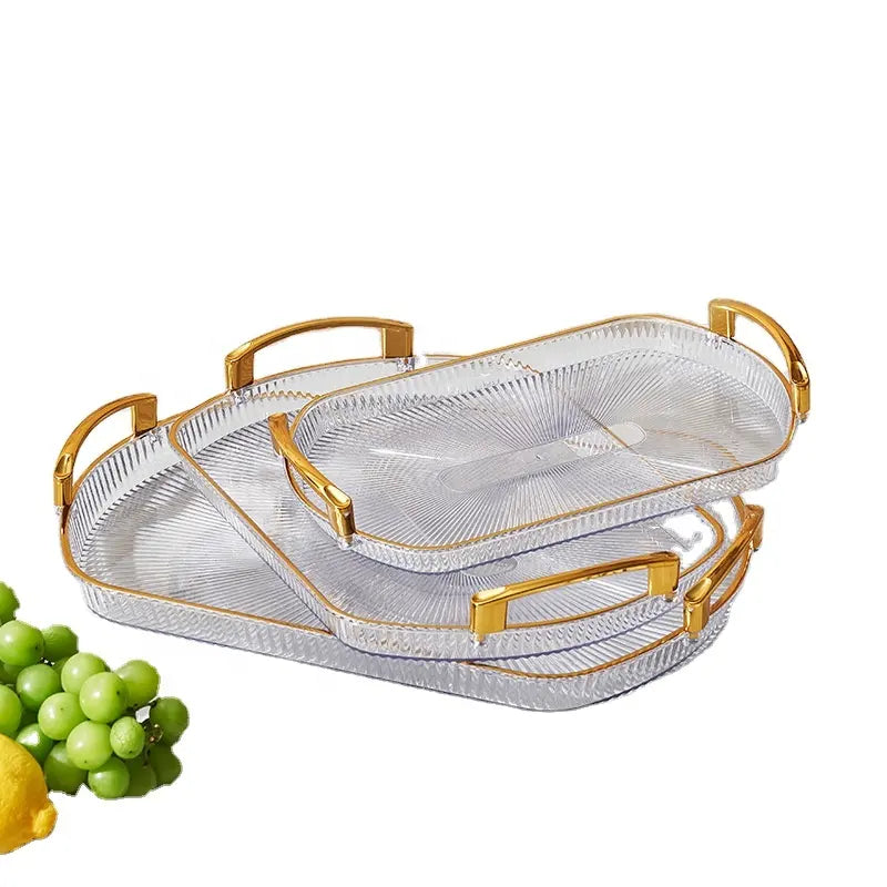 3 Piece Rectangular Transparent Acrylic Gold Plated Trays | Versatile Storage and Serving Tray Set | Ideal For Serving Snacks, Drinks, Or Displaying Decorative Items