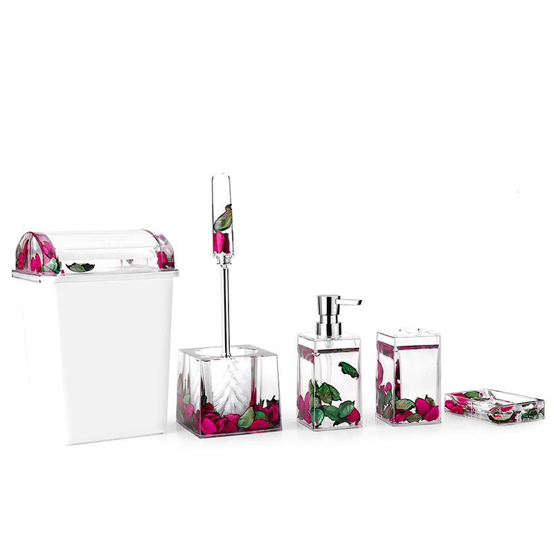 5pcs Water Shell Flower Bathroom Accessories Set | Acrylic Bathroom Set with Dustbin, Soap Dispenser, Soap Holder, and Brush Holder | Available in Gold, Red, Purple, Maroon, and Light Purple