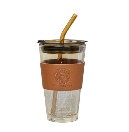 High Borosilicate Glass Tumbler with Straw and Leather Protective Sleeve