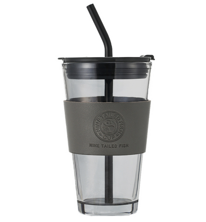 High Borosilicate Glass Tumbler with Straw and Leather Protective Sleeve