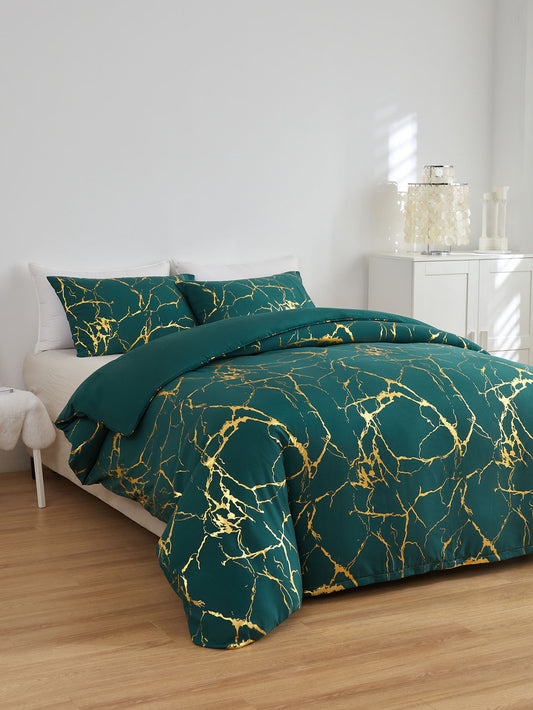 Marble Printed 3 Piece Luxury Microfiber Down Comforter Quilt Cover Set | Zipper Closure Duvet Cover & 2 Pillowcases | Premium Cotton | Gold Marble Texture | Black and Green