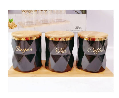 3pc Diamond Shaped Tea, Coffee, Sugar Canister Set | Black Ceramic Canisters with Bamboo Lids