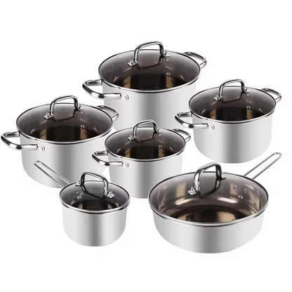 High Quality 12 Pc Stainless Steel Cooking Pot with Three Layer Bottom