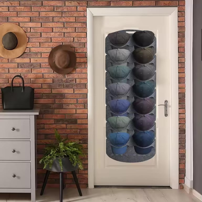 Hanging Caps Hats Organizer | 14 Grid Felt Space Saving Storage |  46x130cm, Grey | Holds Up to 30 Caps