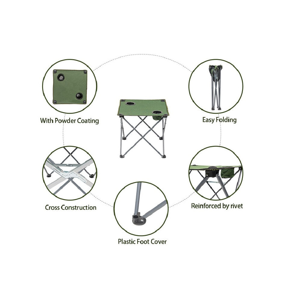 Lightweight Portable Foldable outdoor Camping Picnic Table with 2 Cup Holders and Carry Bag | Green 45x48x48cm