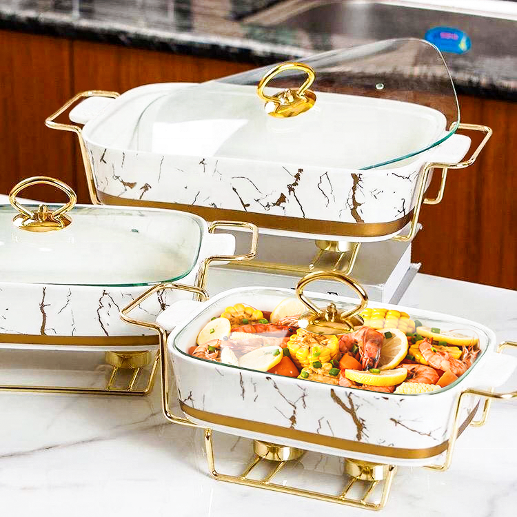 High Quality 3 Piece White Gold Ceramic Chafing Dish Set | Sizes: 3.8L, 2.8L, 1.8L