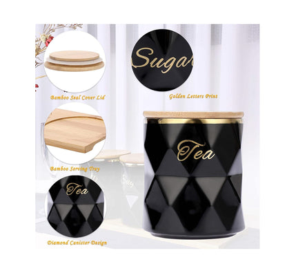 3pc Diamond Shaped Tea, Coffee, Sugar Canister Set | Black Ceramic Canisters with Bamboo Lids