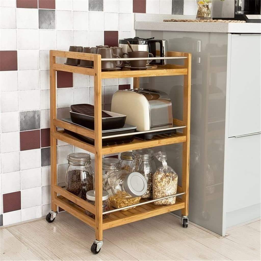 3 Tier Movable Organizer Cart | Multifunctional Bamboo Kitchen Serving Trolley with Wheels | Rolling Storage Cart for Dining and Bathroom