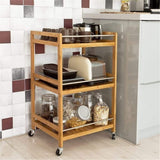 3 Tier Movable Organizer Cart | Multifunctional Bamboo Kitchen Serving Trolley with Wheels | Rolling Storage Cart for Dining and Bathroom