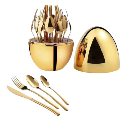 36pc Executive Egg Shaped Cutlery Set | Premium Rose Gold Stainless Steel Dinner Set with Oval Stand | Forks, Spoons, and Knives