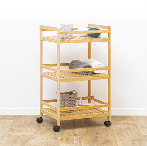 3 Tier Movable Organizer Cart | Multifunctional Bamboo Kitchen Serving Trolley with Wheels | Rolling Storage Cart for Dining and Bathroom