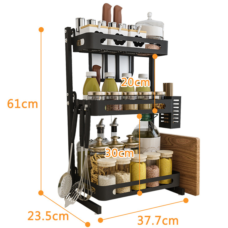 Multifunctional 3 Tier Stainless Steel Spice Rack | Kitchen Countertop Seasoning Organizer with Condiment Jars Storage | L32 x W21 x H60.5 cm