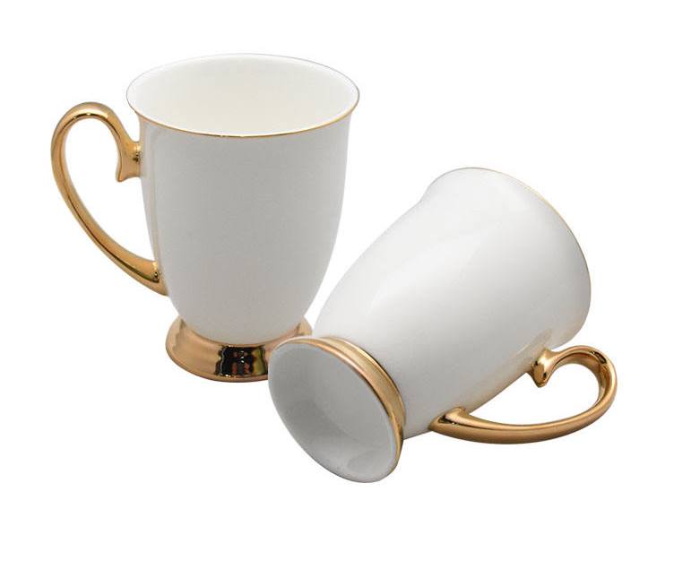 Shapely Coloured Ceramic Cup with Gold Ring | 400ml Elegant Ceramic Mug in White | 6 pc Set