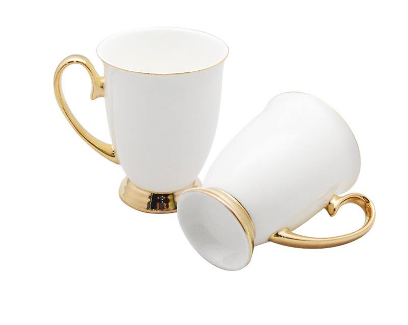 Shapely Coloured Ceramic Cup with Gold Ring | 400ml Elegant Ceramic Mug in White | 6 pc Set