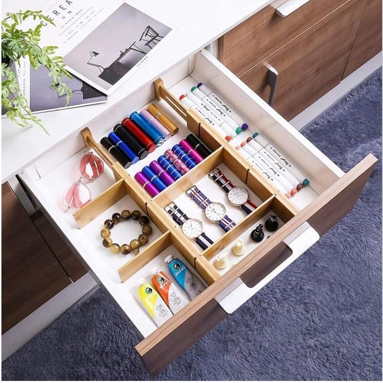 4 Set Bamboo Drawer Divider with Adjustable Length & Inserts | Waterproof, Easy to Install, Fits Standard Drawers