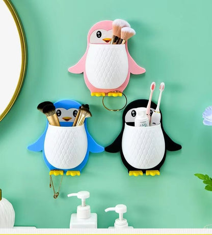 Creative Penguin Holder | Wall Mounted Organizer with Drain Hole | Punch Free Storage for Bathroom, Kitchen, or Living Room