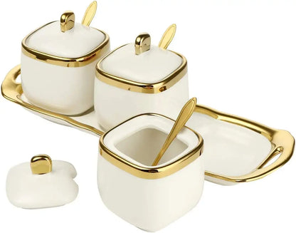 Nordic Luxurious Ceramic Sugar Spice Dish Set | Set of 3 | Includes 3 Gold Tea Spoons & Tray | White Gold & Green Gold