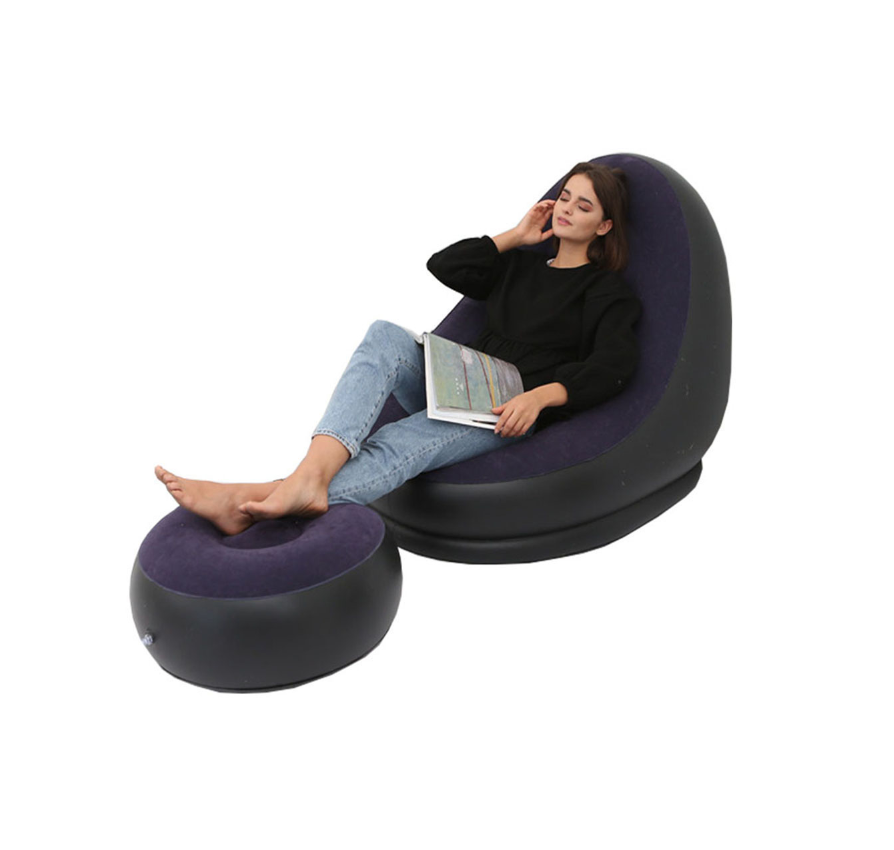 New Design Colorful Inflatable Lazy Sofa with Footrest | Outdoor Flocked Inflatable Chair & Ottoman Set with Pump | Portable Office Leisure Nap Sofa