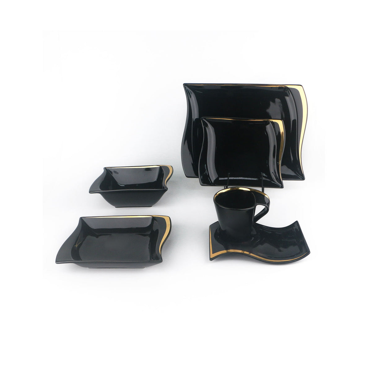 36 Piece Rectangular Shaped Dinner Set | Black and Gold Dinnerware | Complete Table Service