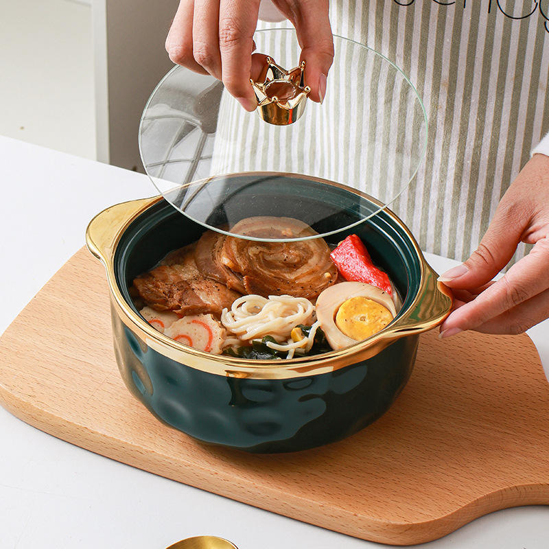 Gold Details Porcelain Hexagon Bowl with Cover | 1500ml Capacity | White/Black with Gold Accents